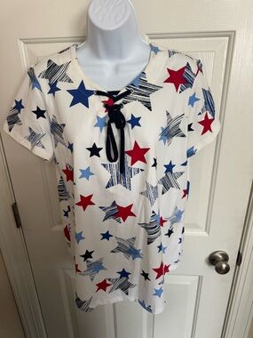 Star Print Lace-Up Front Top - Red, Navy & Light Blue Stars Med patriotic USA
